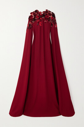 Oscar de la Renta - Cape-effect Sequin-embellished Tulle-trimmed Crepe Gown - Red