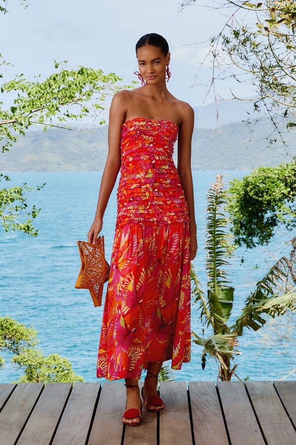 FARM RIO ACTIVE Orange Flying Birds Strapless Midi Dress