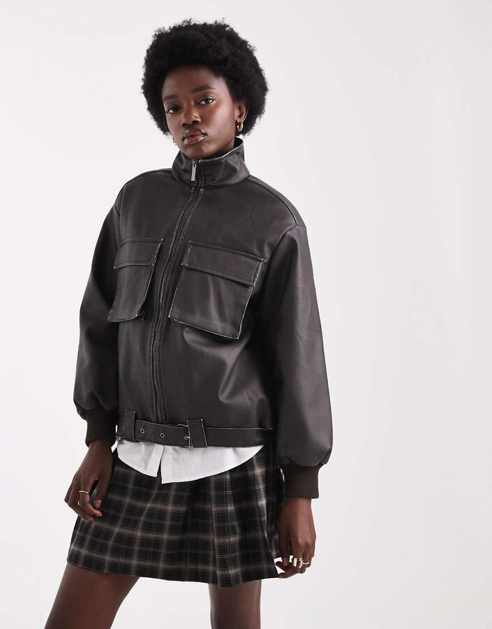 NATIVE YOUTH cropped pocket detailing bomber jacket in chocolate brown