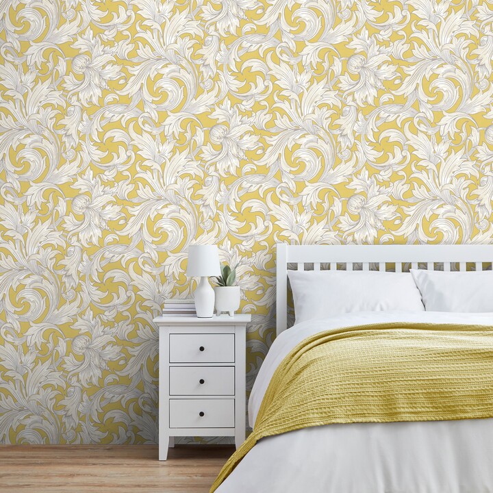 Dunelm Archive Scroll Yellow Wallpaper Yellow/White ShopStyle Decor