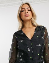Thumbnail for your product : ASOS DESIGN DESIGN button through organza mini dress with all over embroidery in black