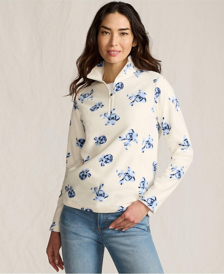 Lands' End Women's Tall Anyweather Fleece Quarter Zip Pullover - Ivory/clear blue tossed floral