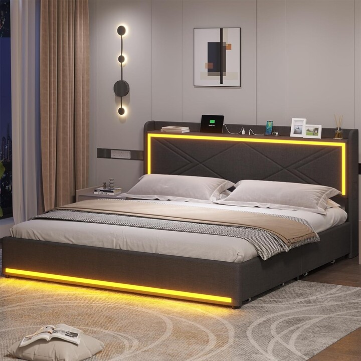 BTHFST King Size Bed Frame with LED Lights Platform Bed - ShopStyle