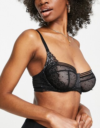 Figleaves Fuller Bust Clara spot mesh and lace longline balcony bra in  black - ShopStyle