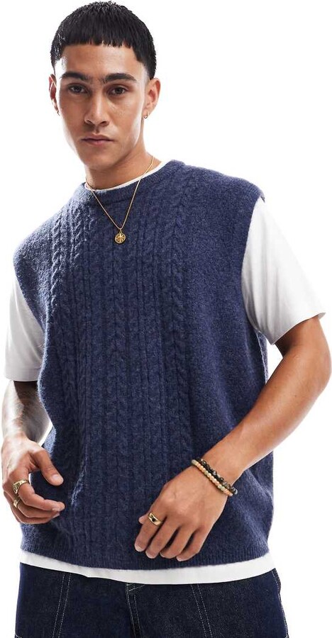 ASOS DESIGN relaxed knitted cable tank in navy ShopStyle Shirts