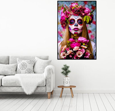 The Holiday Aisle Day Of The Dead Pink Bouquet Sugar Skull Woman, Framed Acrylic Wall Art