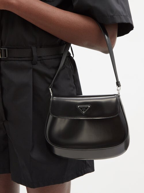 Black Prada Cleo Brushed Leather Shoulder Bag With Flap