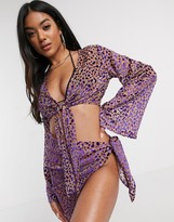 Thumbnail for your product : ASOS DESIGN tie front crop beach top co-ord in purple burnout animal print