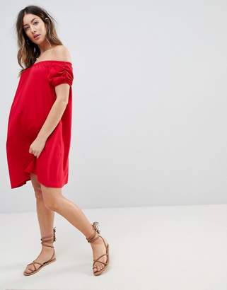 ASOS Maternity Off Shoulder Mini Sundreess With Puff Sleeves