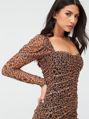 Missguided Mesh Leopard Puff Sleeve Midi Dress - Brown