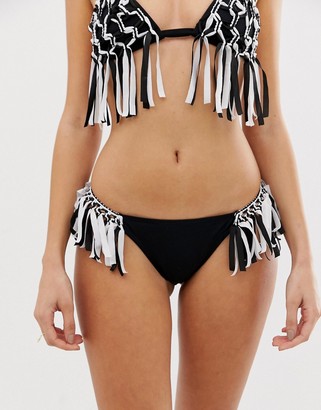ASOS DESIGN macrame fringed hipster bikini bottom in black and white