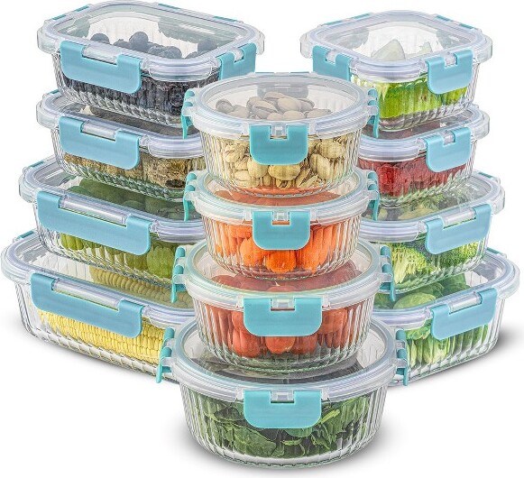JoyJolt JoyJolt24PieceFlutedGlassFoodStorageContainerswithLeakproofLidsSet-Blue