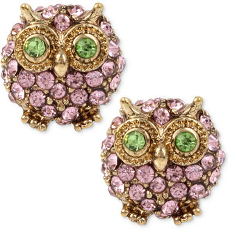 Betsey Johnson Gold-Tone Pink Pavé Owl Stud Earrings