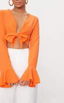 Thumbnail for your product : PrettyLittleThing Tangerine Tie Front Frill Sleeve Blouse