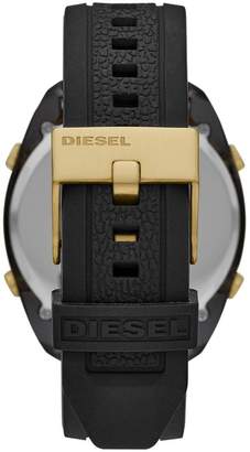 Diesel Crusher Black and Gold Detail Digital Dial Black Silicone Strap Mens Watch