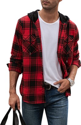 Men's Plaid Hooded Blouse, Long Sleeve Hooded Shirt