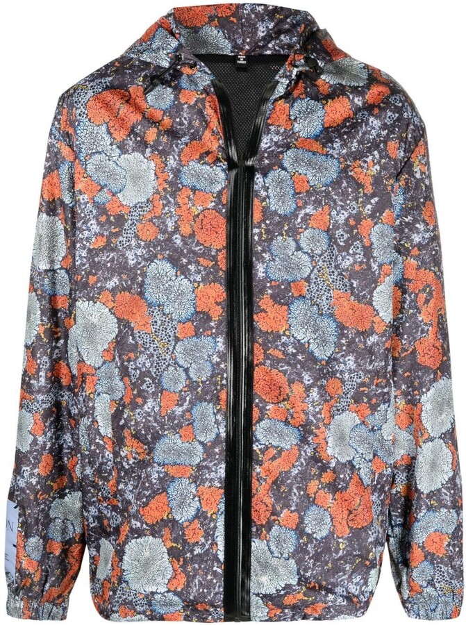 LFCLOSET Blue Floral Pattern Lightweight Mans Jacket with Hood Long Sleeved Zippered Outwear