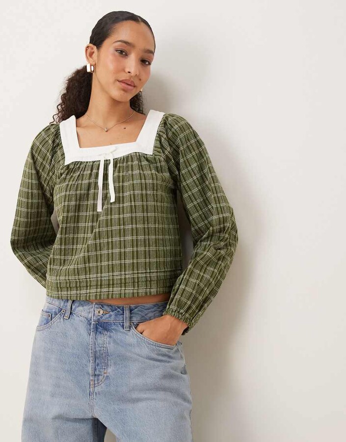 Neon Rose plaid square collar balloon sleeve blouse in green
