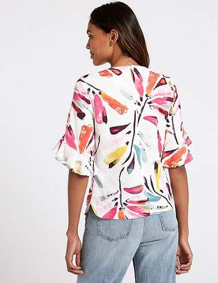 Marks and Spencer Linen Rich Printed Ruffle Sleeve Blouse