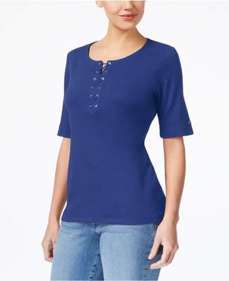 Karen Scott Cotton Lace-Up T-Shirt, Created for Macy's