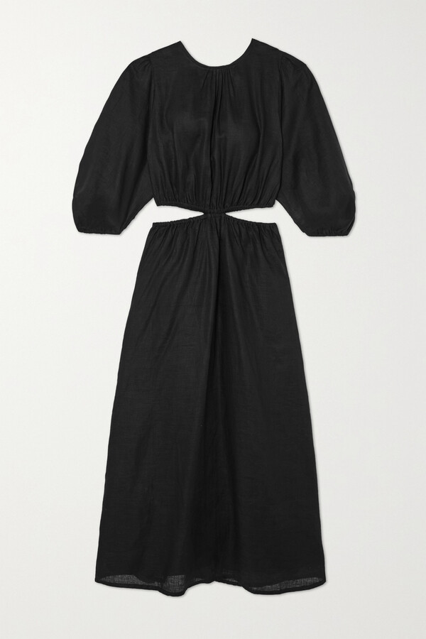 Faithfull The Brand Hielo Cutout Gathered Linen Dress - Black