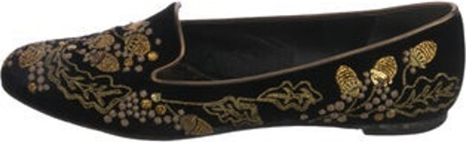 Alexander McQueen Velvet Loafers Black Printed Leather Trim Leather, Embroidered & Sequin Accents Semi-Pointed Toes Includes Box & Dust Bag