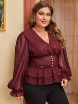 Thumbnail for your product : Shein Plus Sheer Sleeve Buttoned Shirred Lace Peplum Top