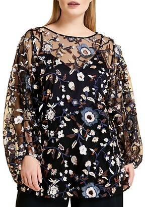 Marina Rinaldi, Plus Size Fonte Floral-Embroidered Tulle Puff-Sleeve Tunic