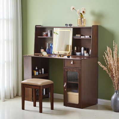 Elegant Makeup Vanity Desk With 3 Modes Adjustable Lighted Mirror,Modern Dressing Table Set With Large Shelves, Drawer And Canbinet