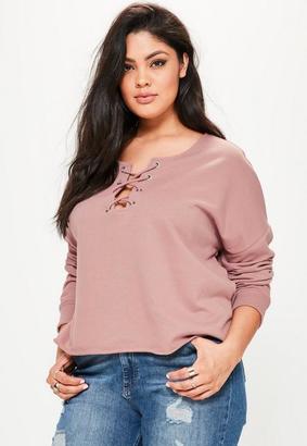 Missguided Curve Purple Lace Up Raw Edge Sweater, Purple