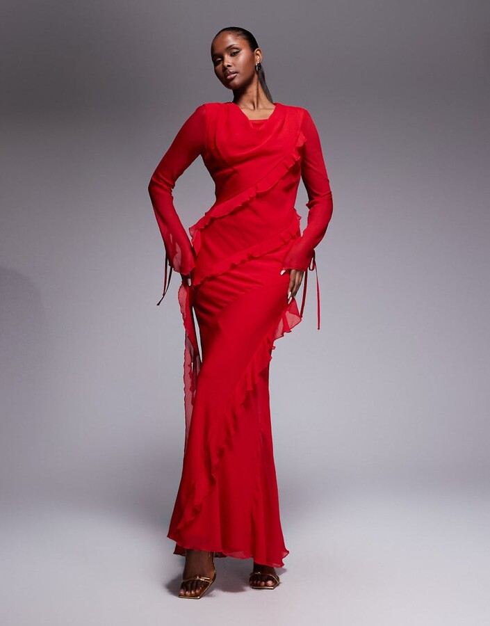 Daska chiffon high cowl neck ruffle detail maxi dress in red