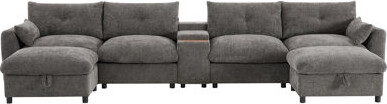 Latitude Run 136'' U-Shaped Chenille Modular Sectional Sofa With Console, Cup Holder, USB Charger, Movable Storage Ottoman, And Pull-Line&Tufted Design For Living