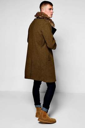boohoo Military Overcoat with Detachable Faux Fur Collar