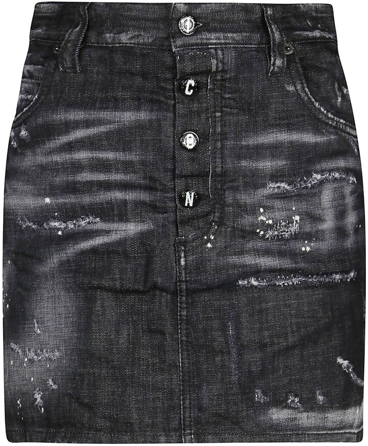 women's black distressed denim skirt