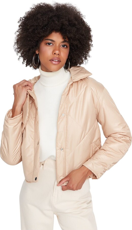 Trendyol Women Oversize Puffer Shirt Collar Woven Jacket Beige