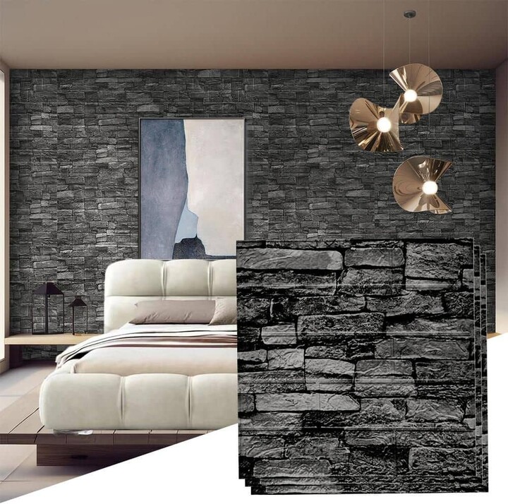 Wellco 1.25 ft x 1.15 ft Marble Black Self-Adhesive Faux Brick 3D Decorative Wall Panels Peel Stick Foam Wallpaper (40-Pack)