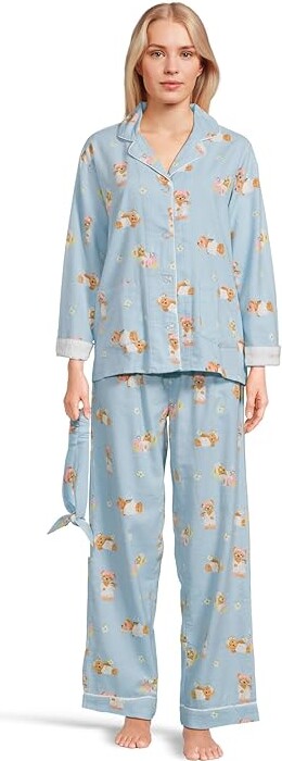 P.J. Salvage Flannel PJ Set with Headband Women's Pajama Sets Beary Cute Ice Blue : XL (US 14), Cotton/Flannel