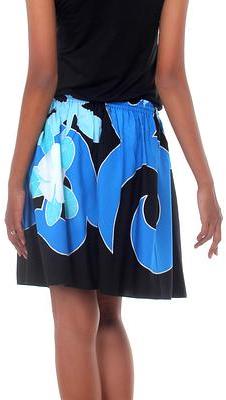 Hand Painted Drawstring Skirt, 'Blue Plumeria'