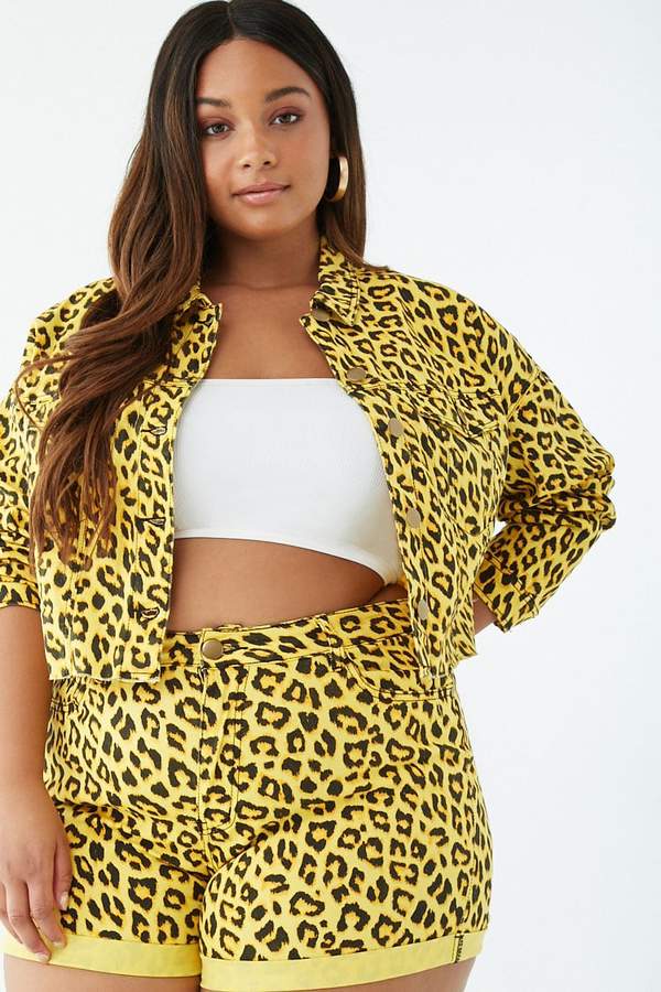 plus size leopard print denim jacket