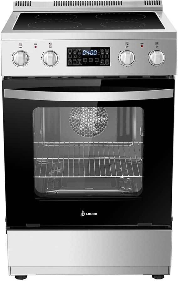 Lanbo 24 in. 4 Burner Elements Freestanding Electric Range in Stainless Steel with Air Fry, Rotisserie and True Convection