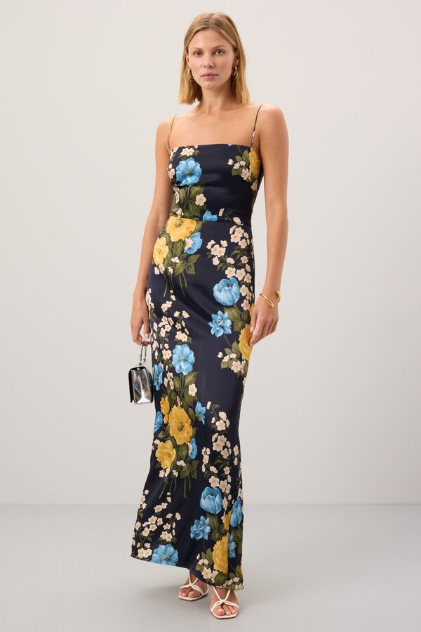 Reformation Navy Frankie Silk Dress Blue-multicolored-print