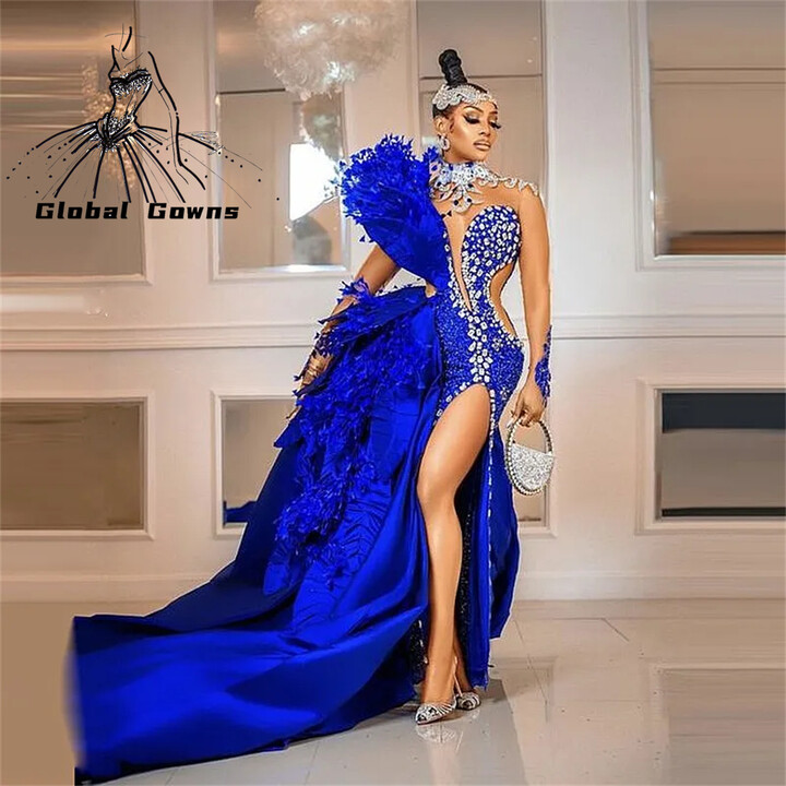 Evening Dresses Rhinestone Crystal Royal Blue Prom Gown Feather abendkleider robe de soirée Party Pageant Dress Split Customized