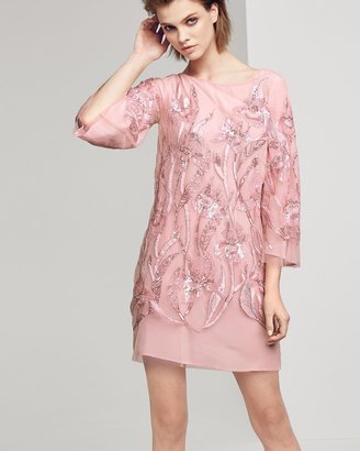 Marchesa Notte 3/4-Sleeve Beaded Floral Cocktail Dress, Blush
