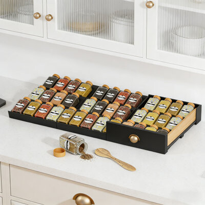 Latitude Run Expandable Aluminum Spice Drawer Organizer Set 9-Piece Adjustable Rack Tray For Kitchen Cabinet Drawer Or Countertop Tiered Storage For Spice Jars A