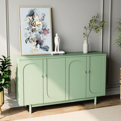 Latitude Run 4-Door Intaglio Cabinet With  Pine Legs Solid Wood Pulls Mint  Accommodating Various Items Providing Ample Space For Storage