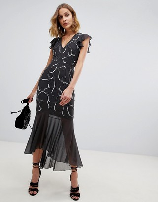 Lace & Beads embellished ruffle detail midi dress in charcoal grey