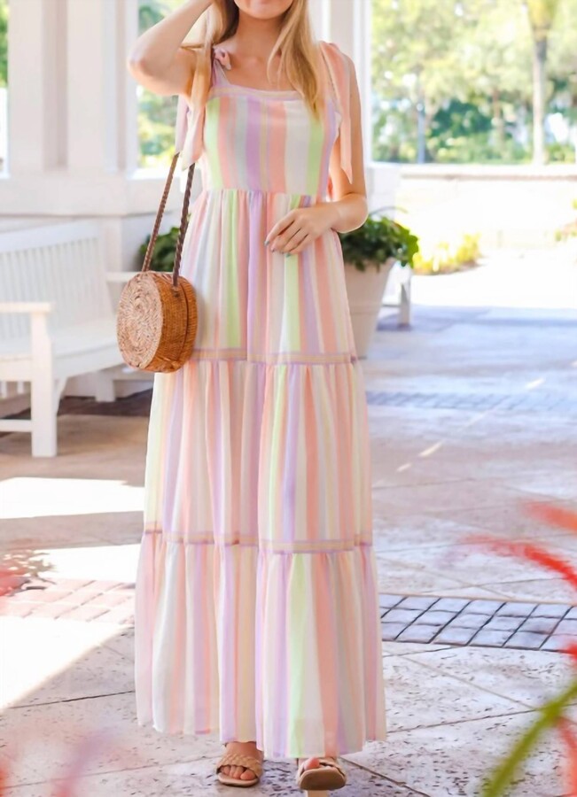 Love Pastel Color Mix Shoulder Strap Maxi Dress in Ivory Peach Purple