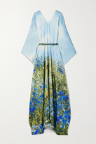Thumbnail for your product : Oscar de la Renta Belted Draped Floral-print Silk-satin Twill Kaftan - Blue