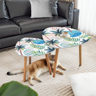 George Oliver Triangle Nesting Coffee Table Set of 2 Abstract summer geometric Geometric shapes watercolor End Table Modern Minimalist Side Table Set for Living Roo