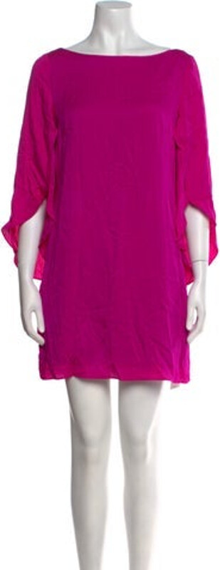 Milly Silk Shift Dress Pink Ruffle Embellishment Three-Quarter Sleeve with Bateau Neckline Concealed Zip Closure at Back Designer